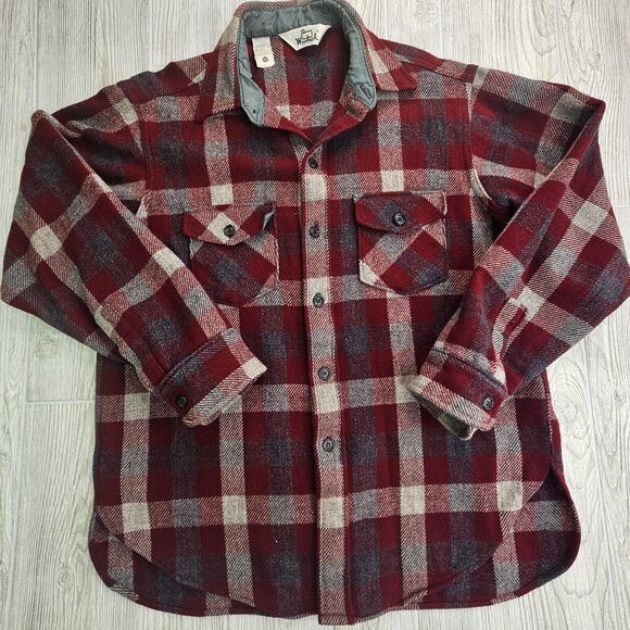 Vintage 60s 70s Woolrich Wool Shirt Jacket Shacket Large Red Grey Plaid Flannel - Picture 1 of 6